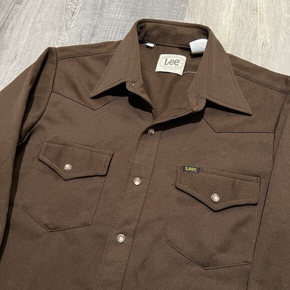 Vintage Lee Pearl Snap Shirt 70s Brown Western Rockabilly Polyester Mens Size L - Picture 2 of 4